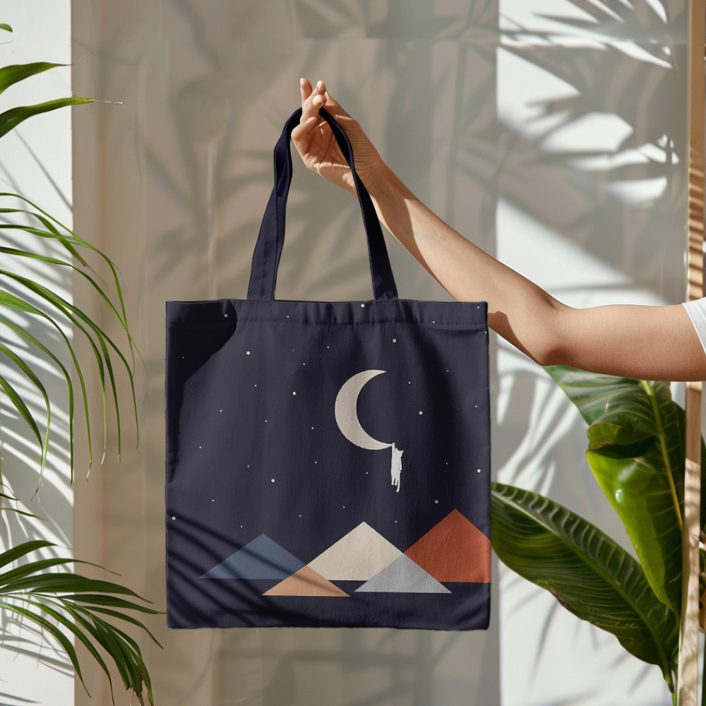 Abstract Creative Cute Cat On The Moon Painting Art Canvas Bag