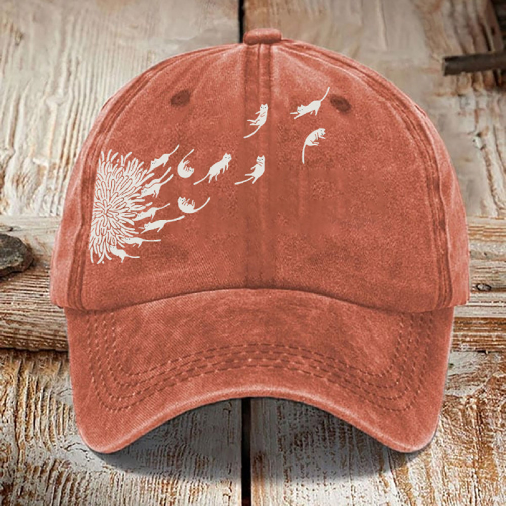 Abstract Creative Dandelion And Cat Washed Sun Hat