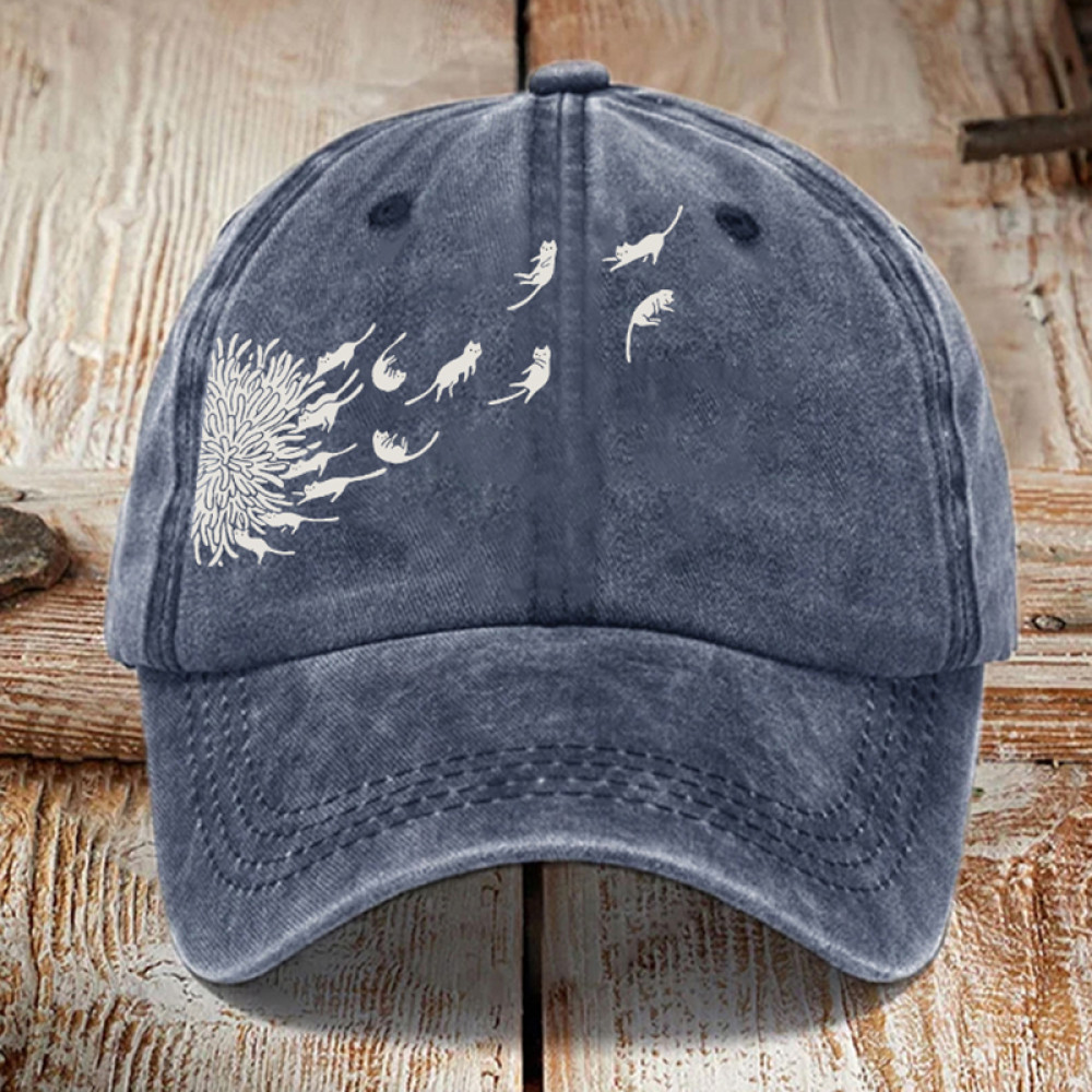 Abstract Creative Dandelion And Cat Washed Sun Hat