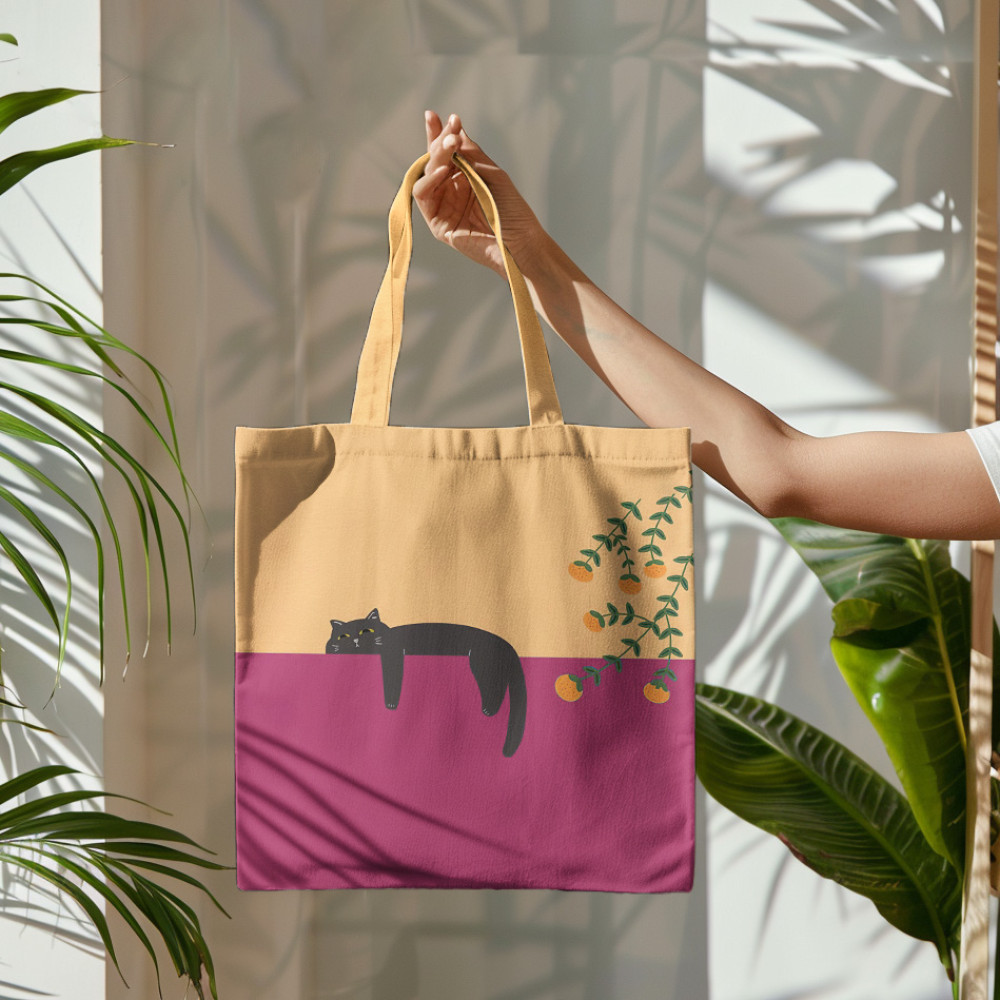 Abstract Creative Lazy Black Cat Painting Art Canvas Bag