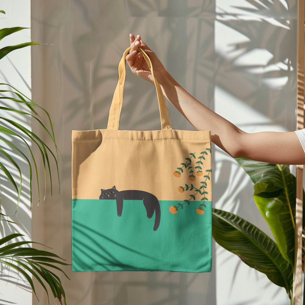 Abstract Creative Lazy Black Cat Painting Art Canvas Bag