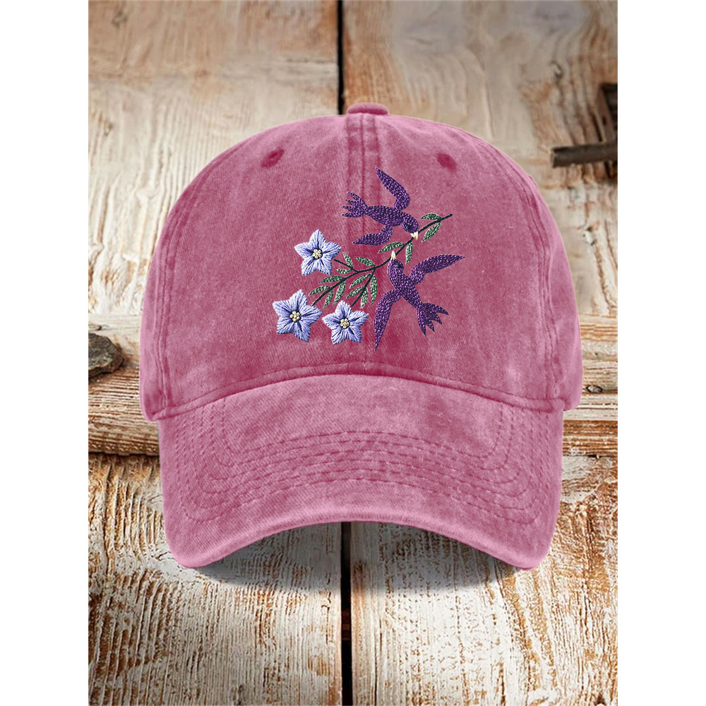 Bird & Flower Embroidery Pattern Washed Hat