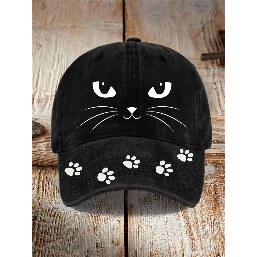 Black Cat Face Paw Prints Cap