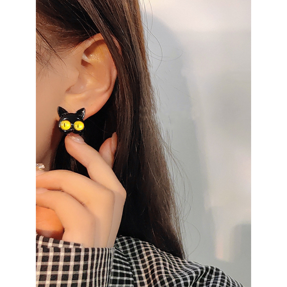 Blue And Yellow Pupil Black Cat Earrings