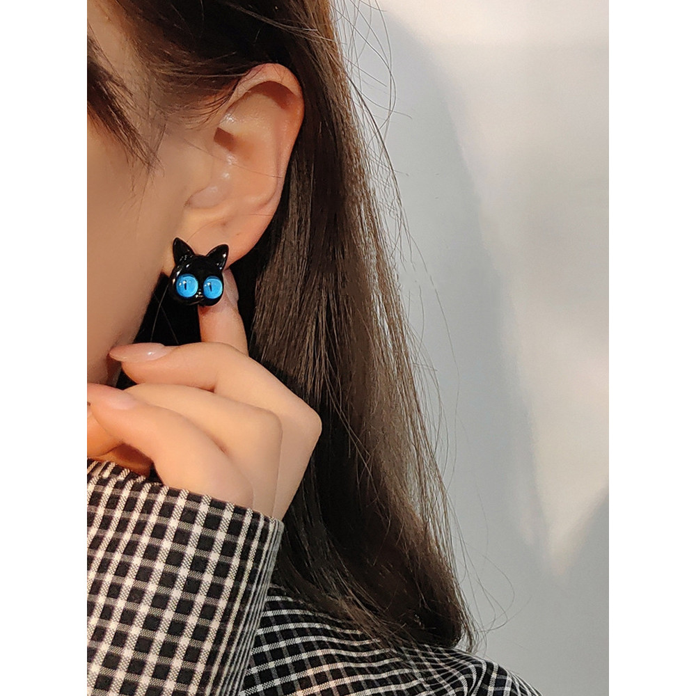 Blue And Yellow Pupil Black Cat Earrings