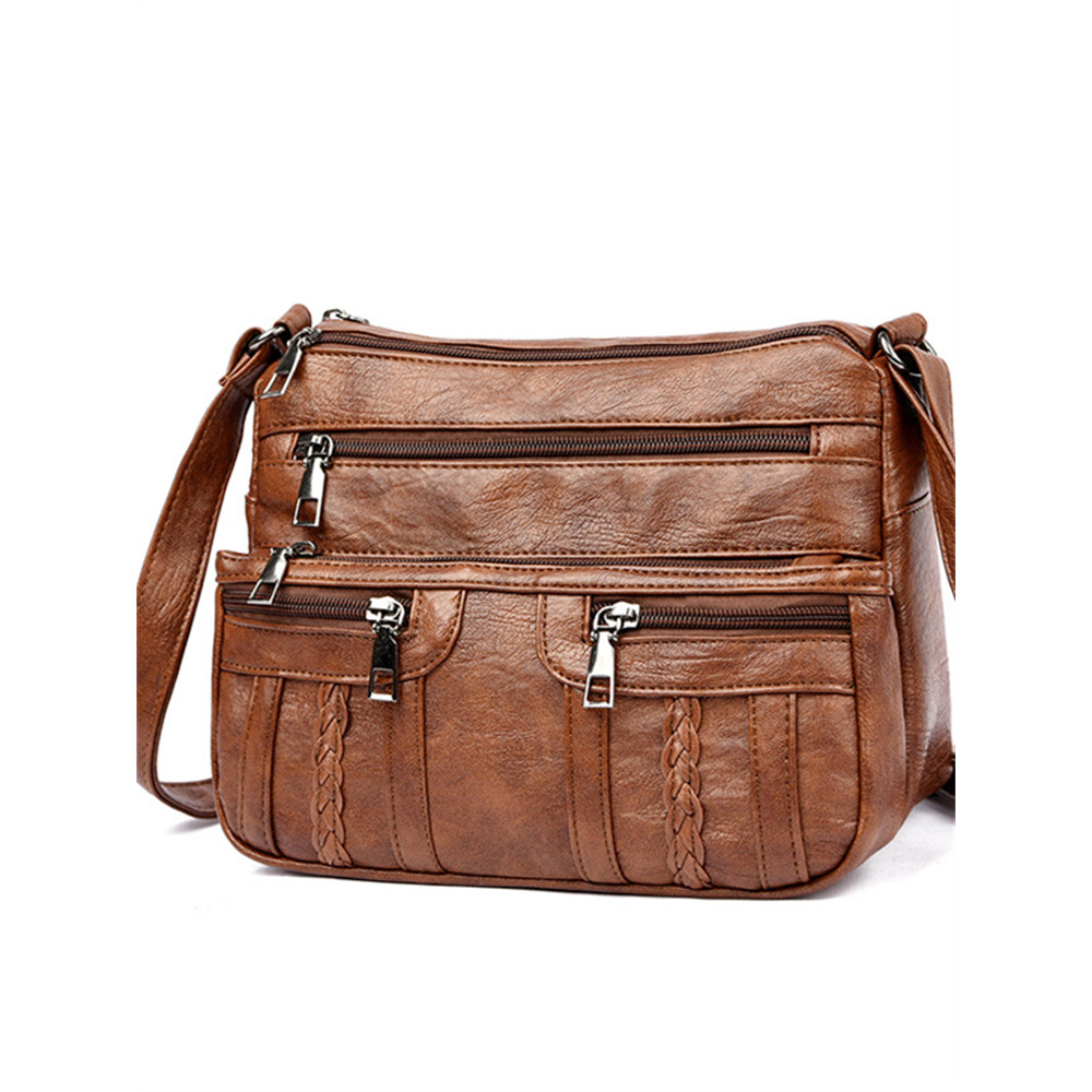Braid Details Multi Pocket Washed Leather Bag