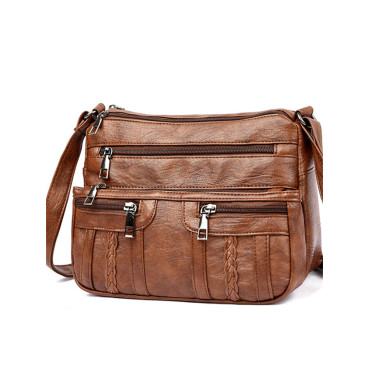 Braid Details Multi Pocket Washed Leather Bag