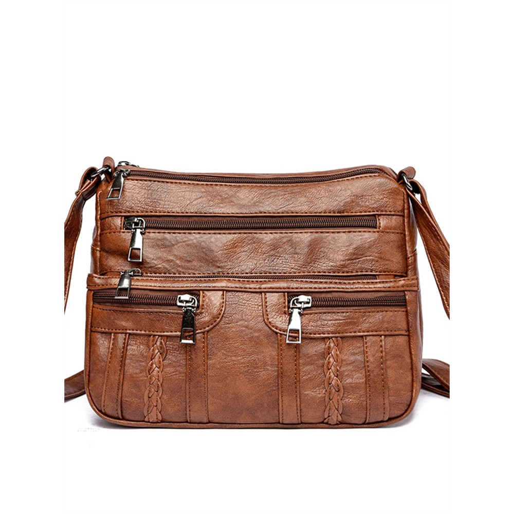 Braid Details Multi Pocket Washed Leather Bag