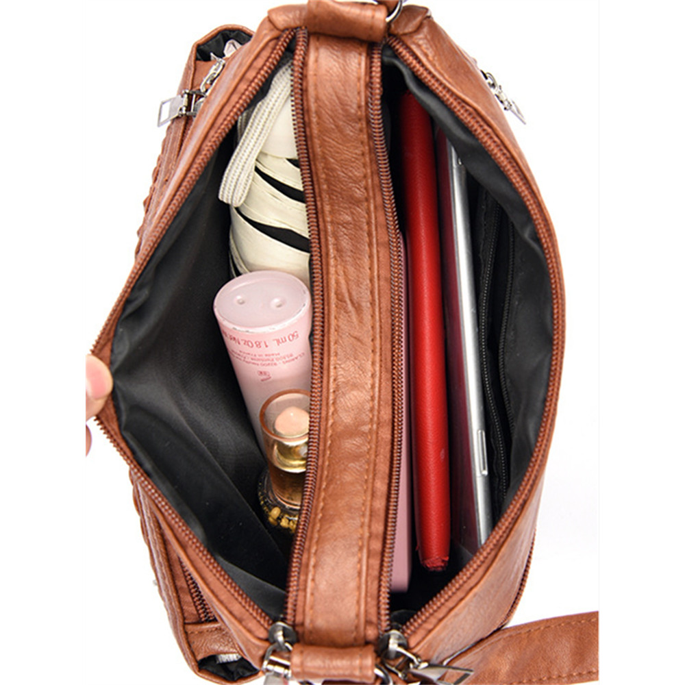 Braid Details Multi Pocket Washed Leather Bag
