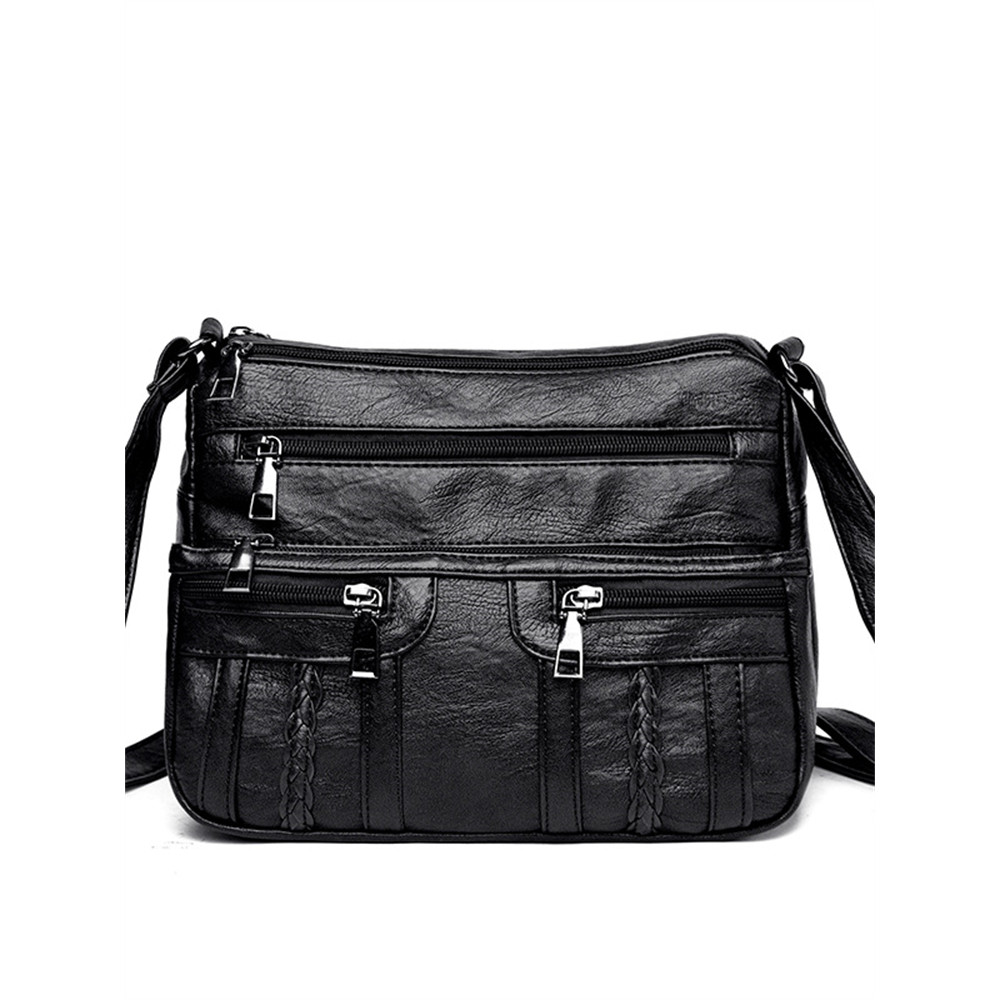 Braid Details Multi Pocket Washed Leather Bag