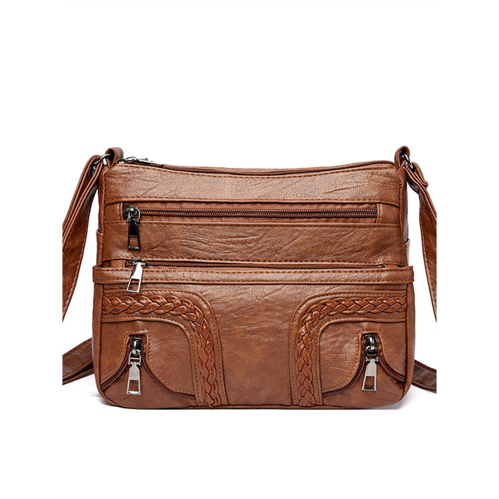Braid & Zipper Details Washed Leather Bag