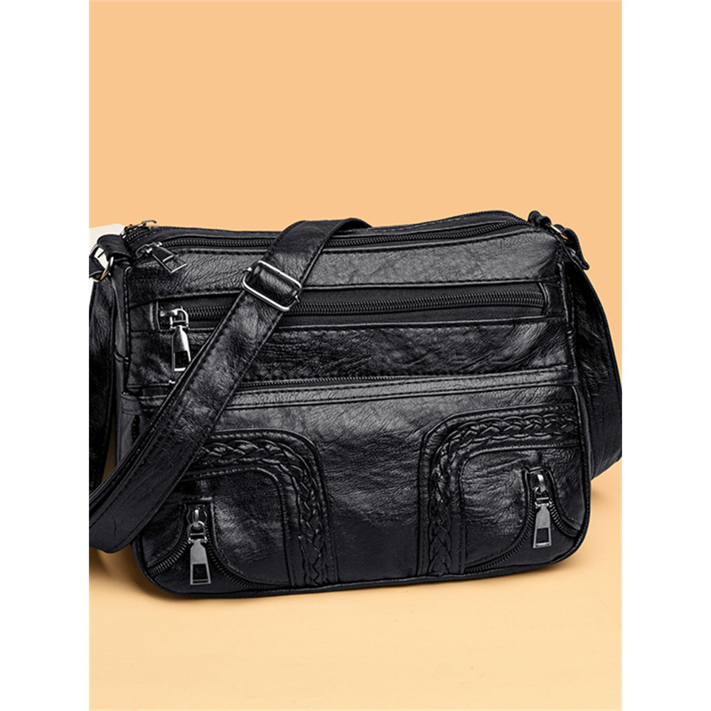 Braid & Zipper Details Washed Leather Bag