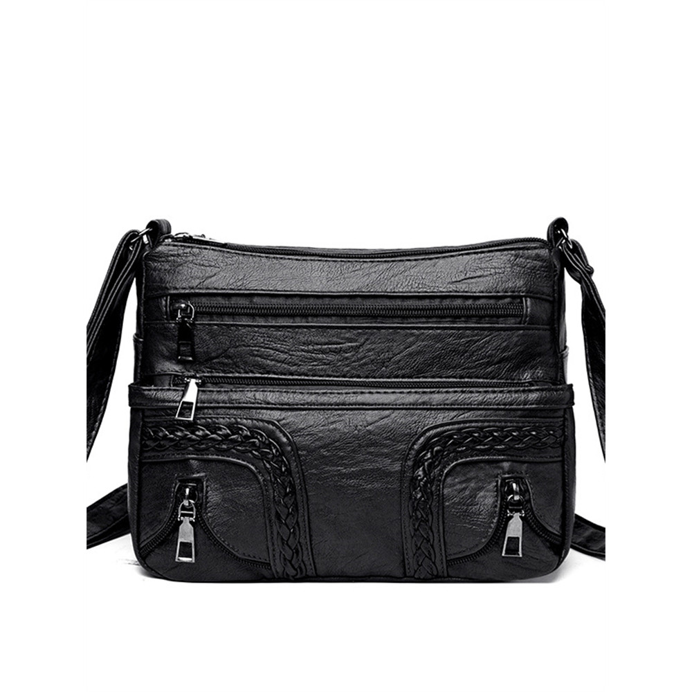 Braid & Zipper Details Washed Leather Bag