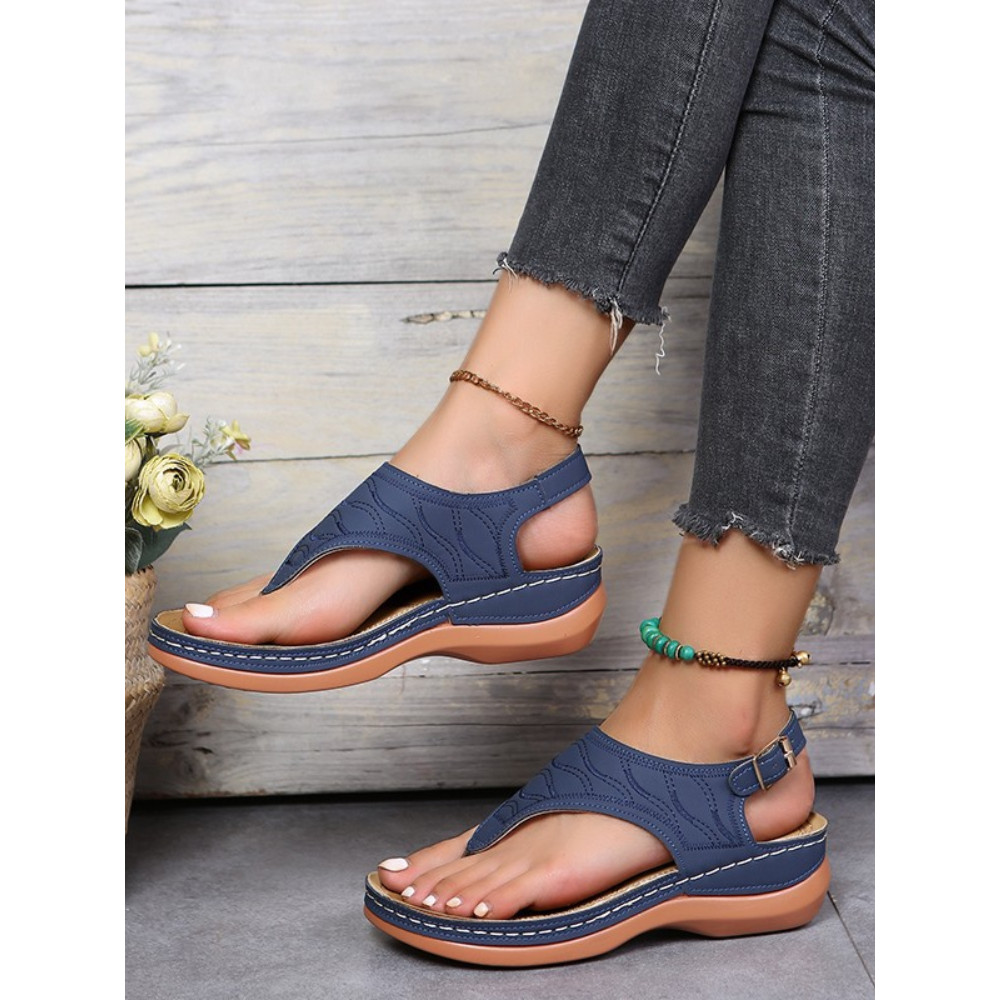 Buckle Solid Round Toe Flip-Flop Sandals
