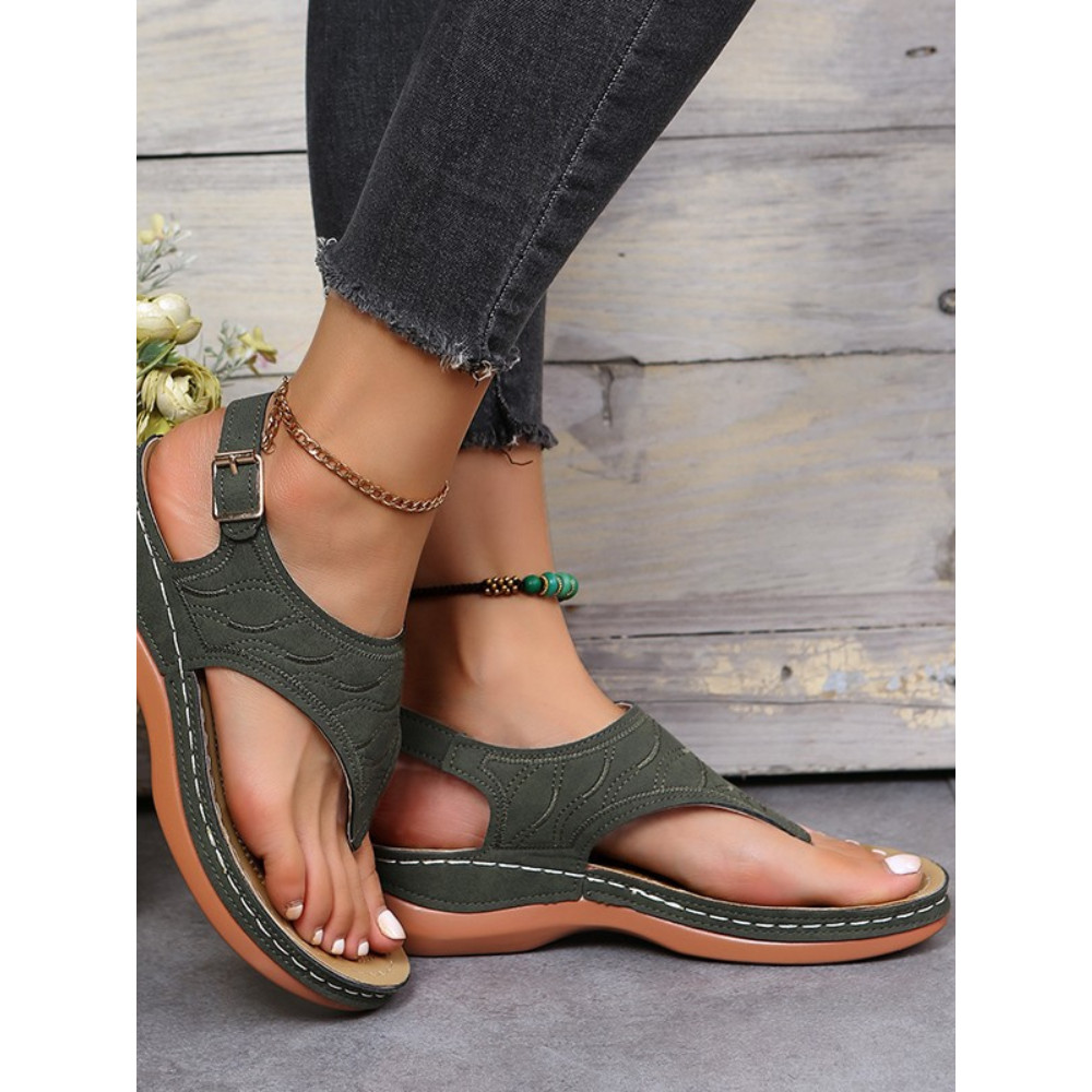 Buckle Solid Round Toe Flip-Flop Sandals