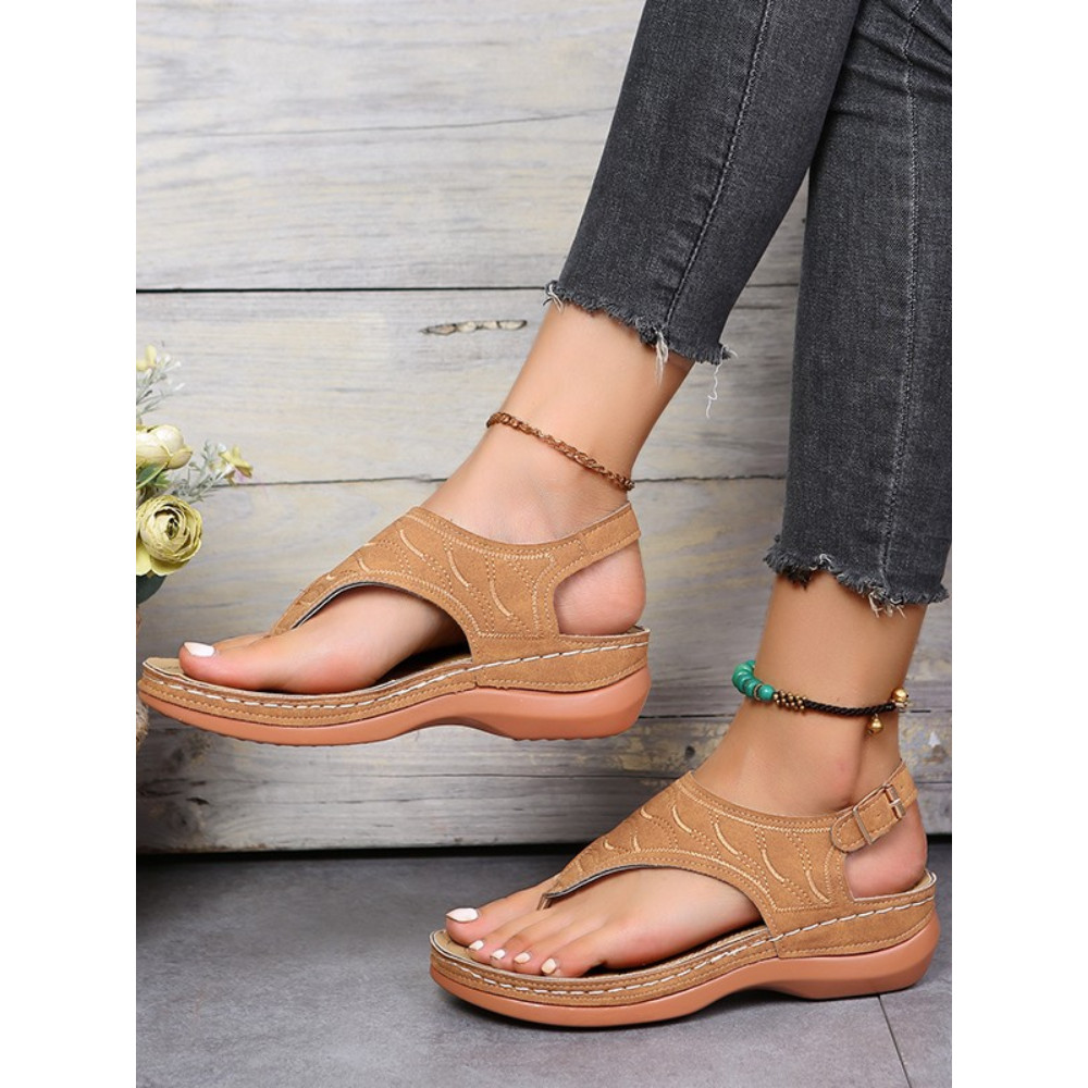 Buckle Solid Round Toe Flip-Flop Sandals