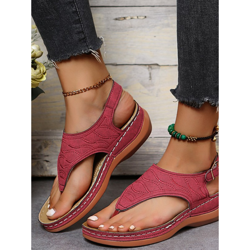 Buckle Solid Round Toe Flip-Flop Sandals