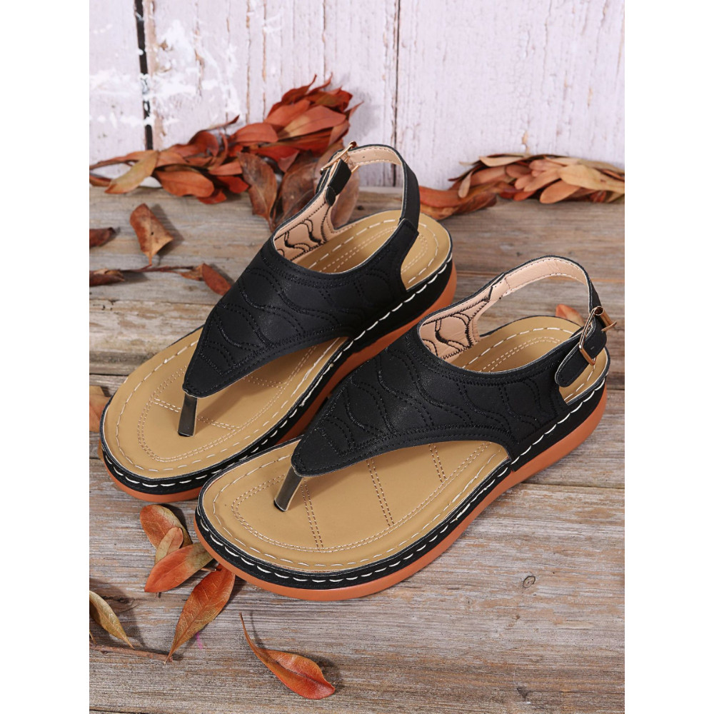 Buckle Solid Round Toe Flip-Flop Sandals