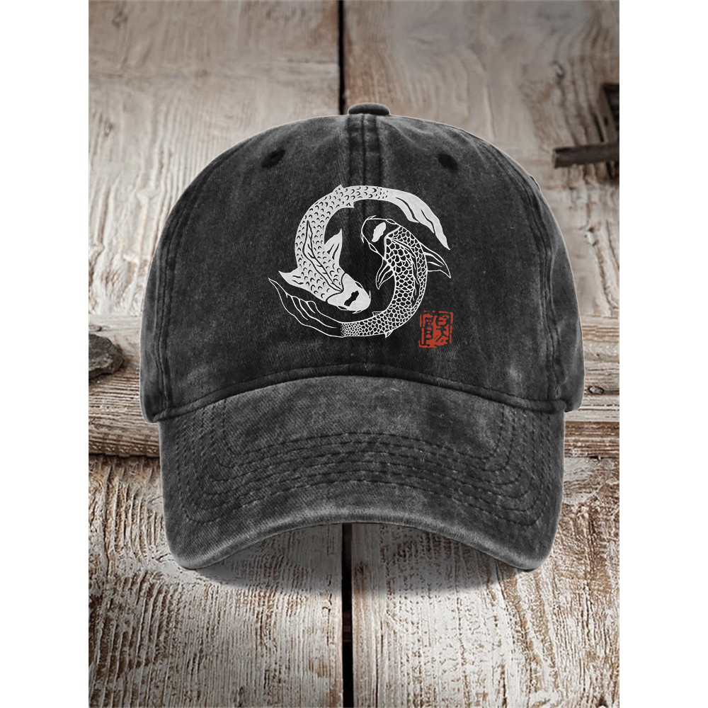 Carp Fish Contrast Japanese Lino Art Washed Cap