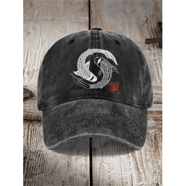 Carp Fish Contrast Japanese Lino Art Washed Cap