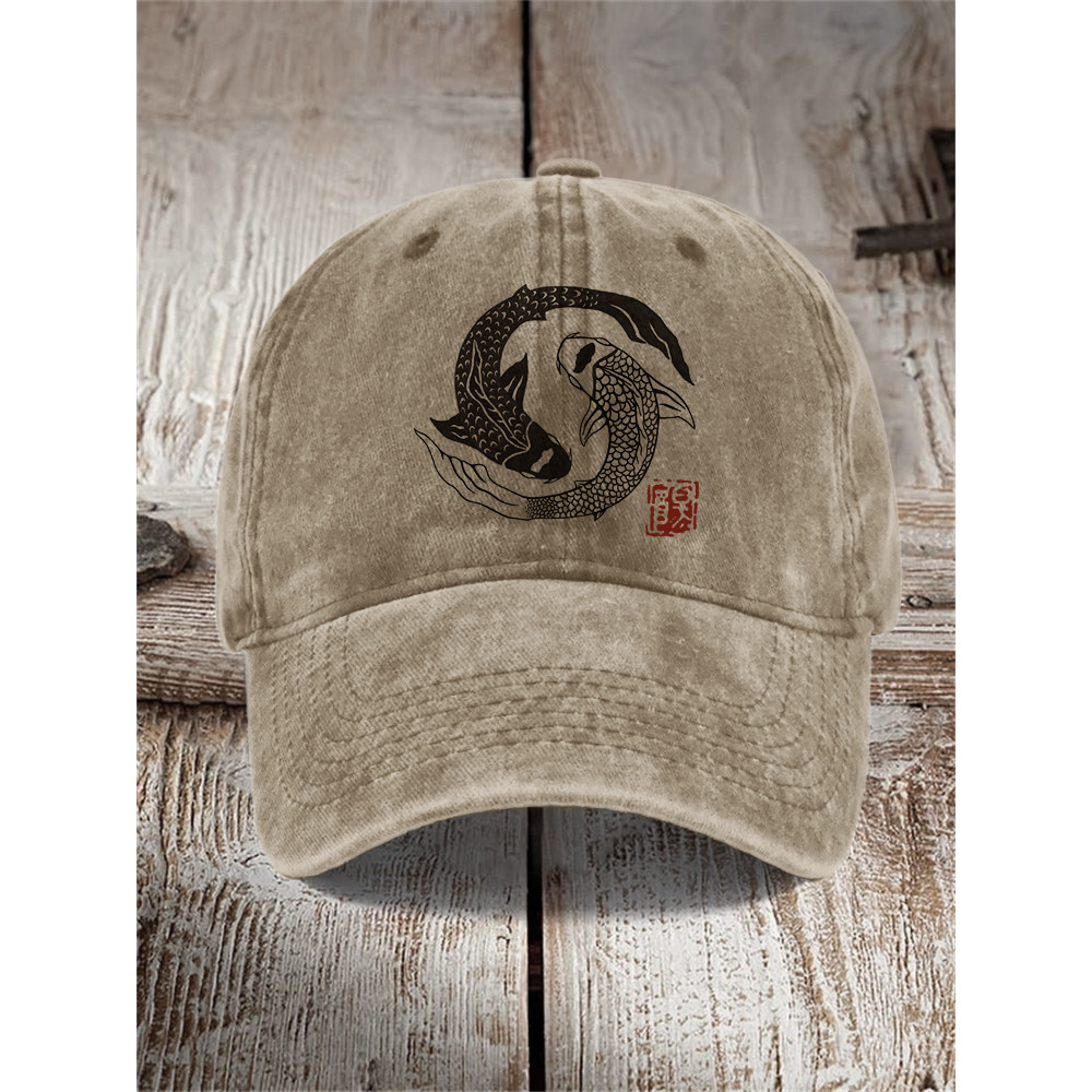 Carp Fish Contrast Japanese Lino Art Washed Cap