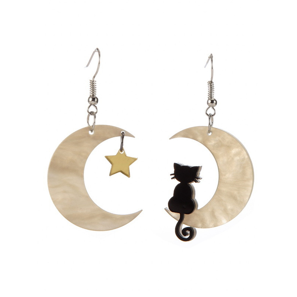 Cartoon Black Cat And Moon Earrings
