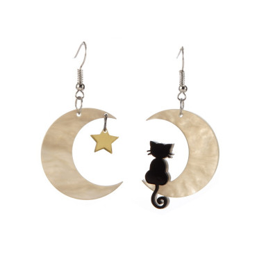 Cartoon Black Cat And Moon Earrings
