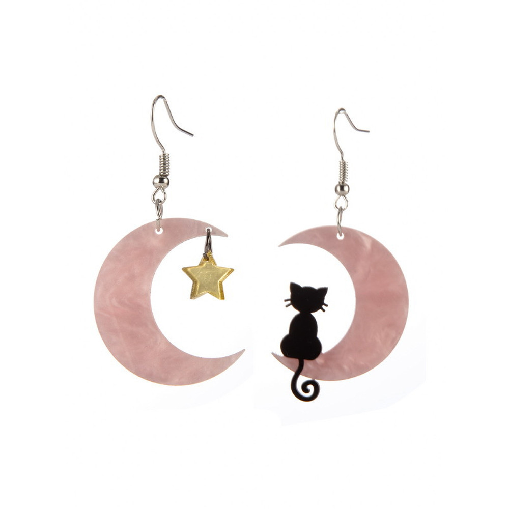 Cartoon Black Cat And Moon Earrings
