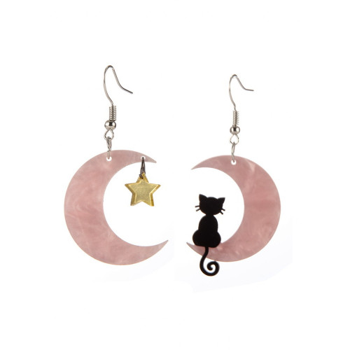 Cartoon Black Cat And Moon Earrings