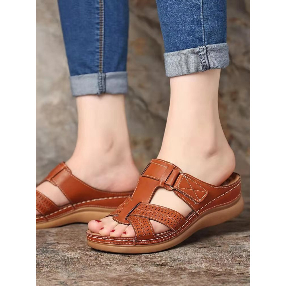 Casual Vintage Cutout Stitch Cross Platform Sandals