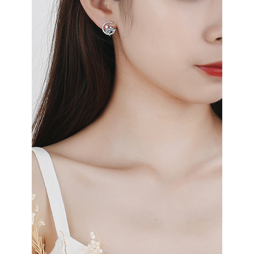 Cat Moon Crystal Deco Earrings