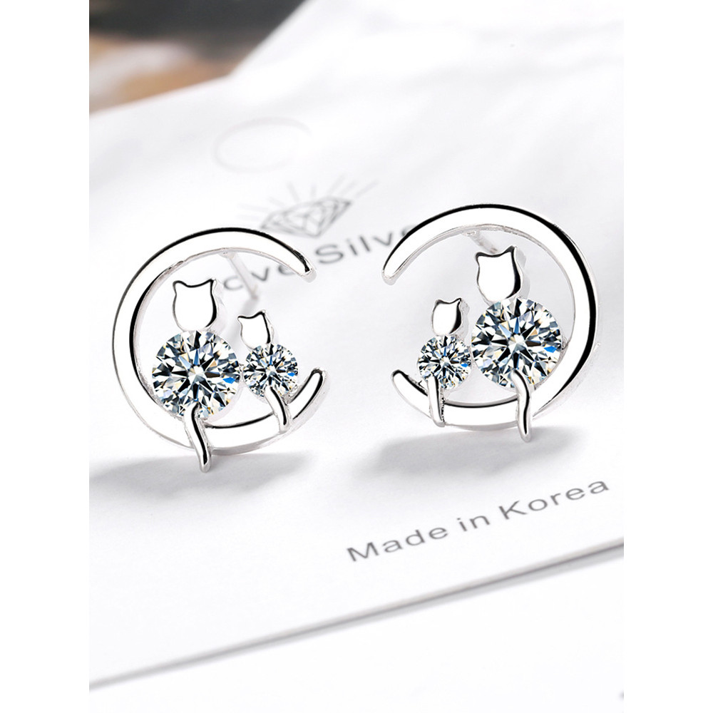 Cat Moon Crystal Deco Earrings