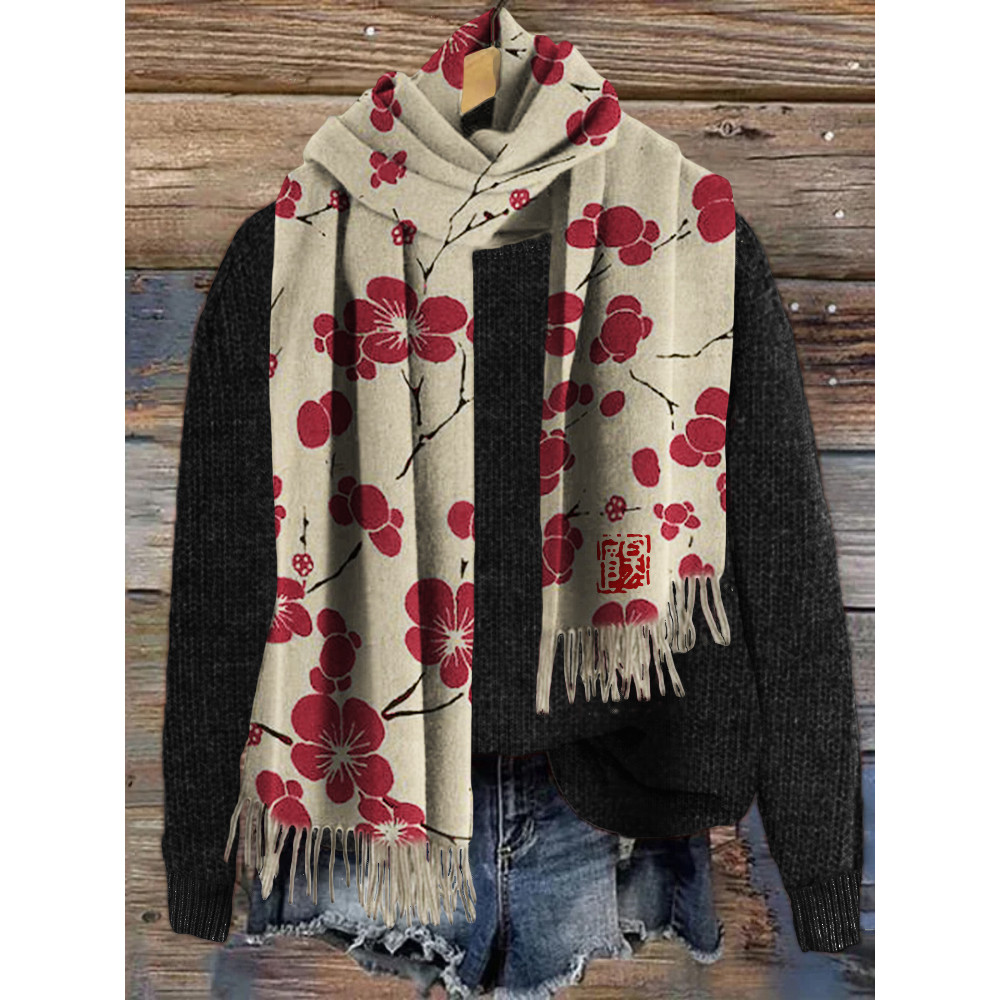 Cherry Blossom Japanese Lino Art Cozy Tassel Scarf