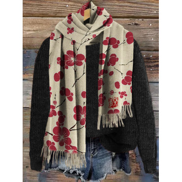 Cherry Blossom Japanese Lino Art Cozy Tassel Scarf