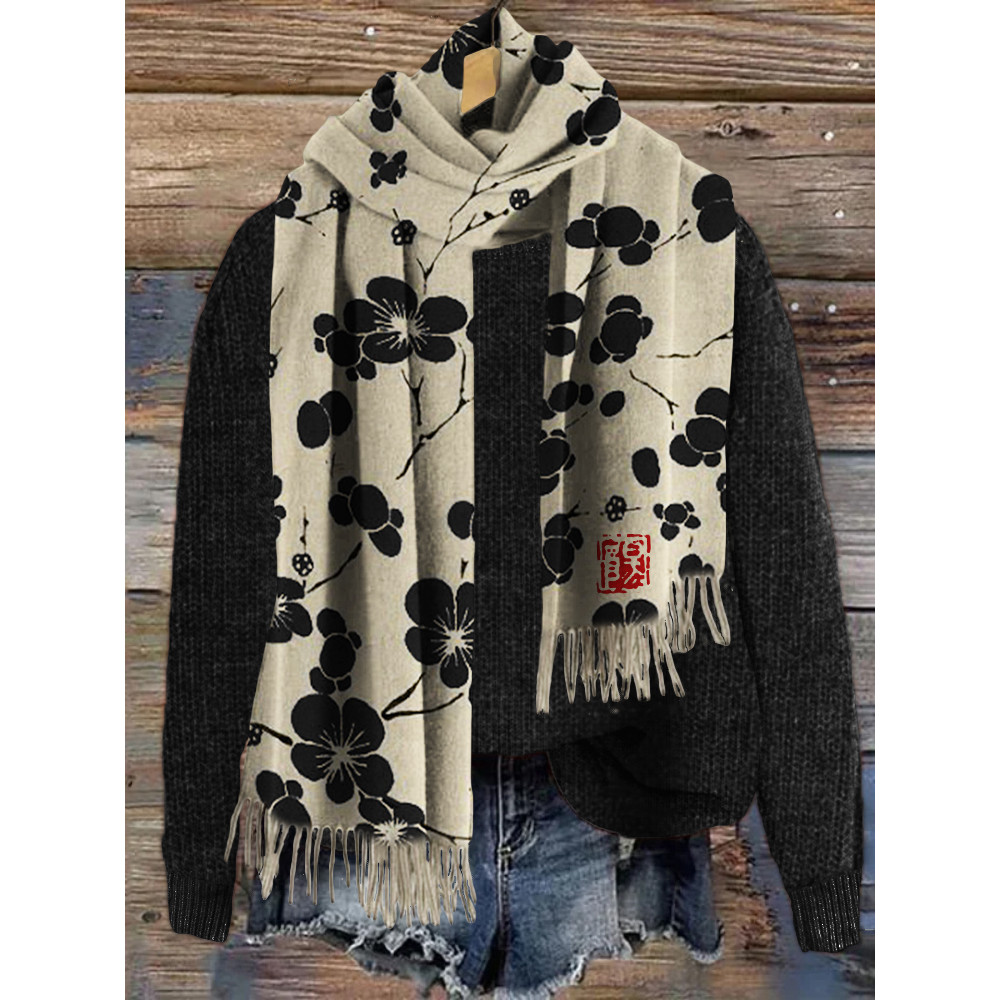 Cherry Blossom Japanese Lino Art Cozy Tassel Scarf