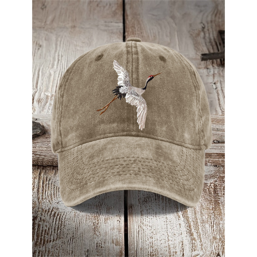 Classy Japanese Crane Embroidered Washed Cap
