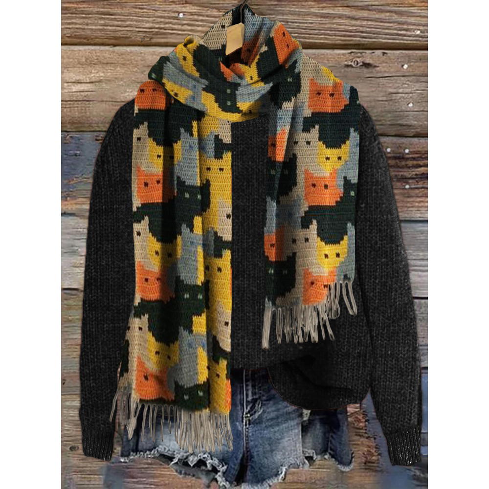 Colorful Cats Knit Art Cozy Tassel Scarf