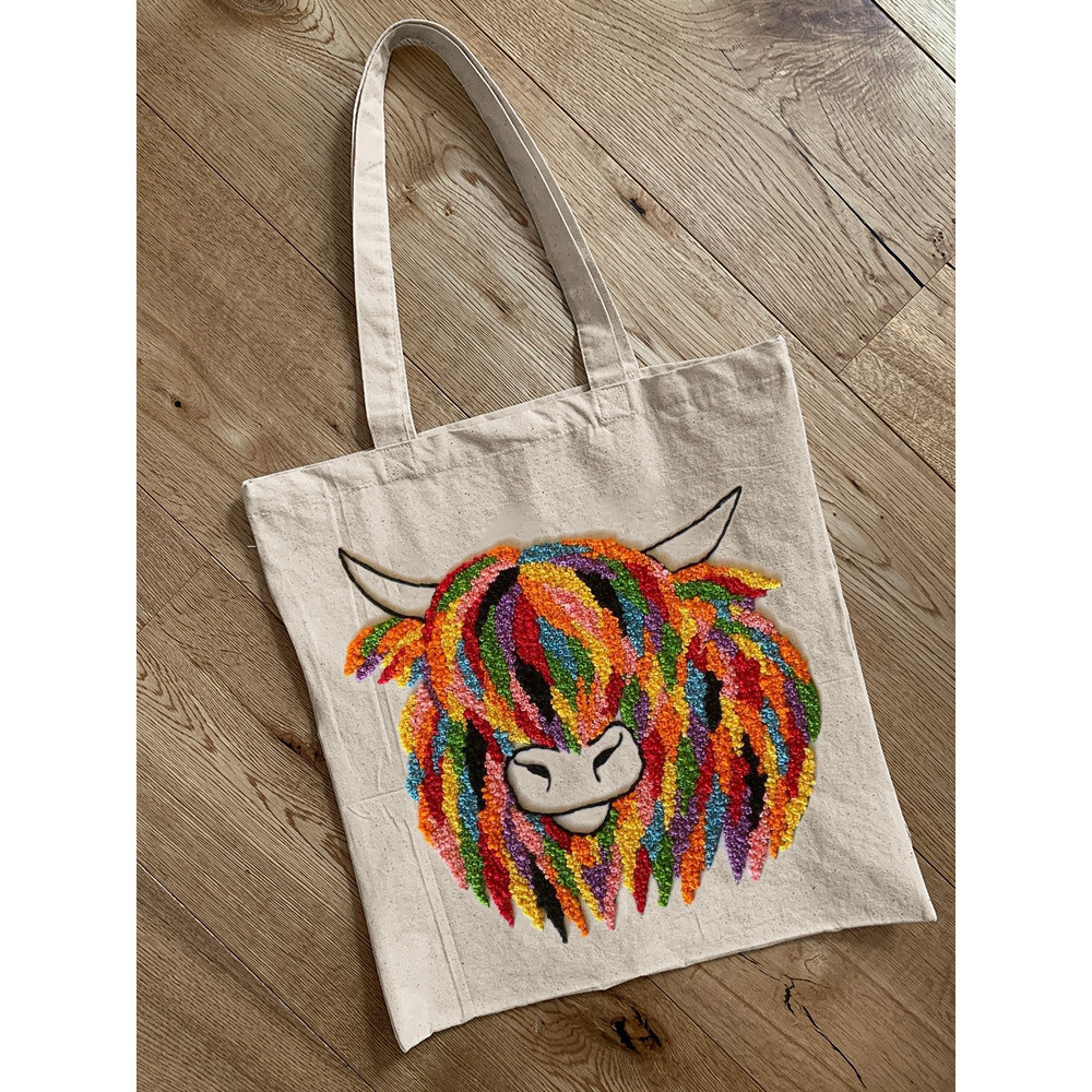 Colorful Highland Cow Embroidery Art Tote Bag