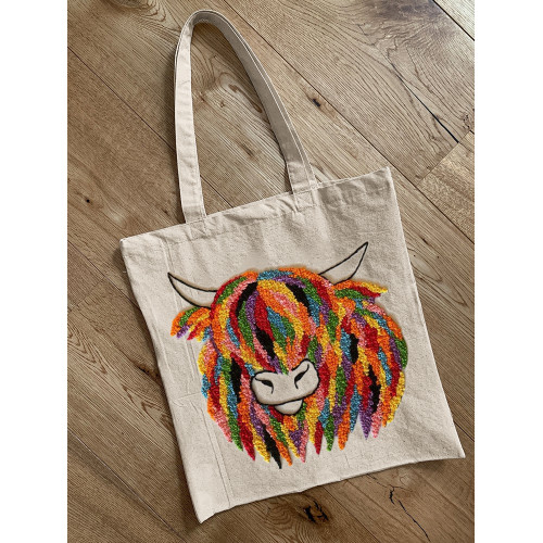 Colorful Highland Cow Embroidery Art Tote Bag