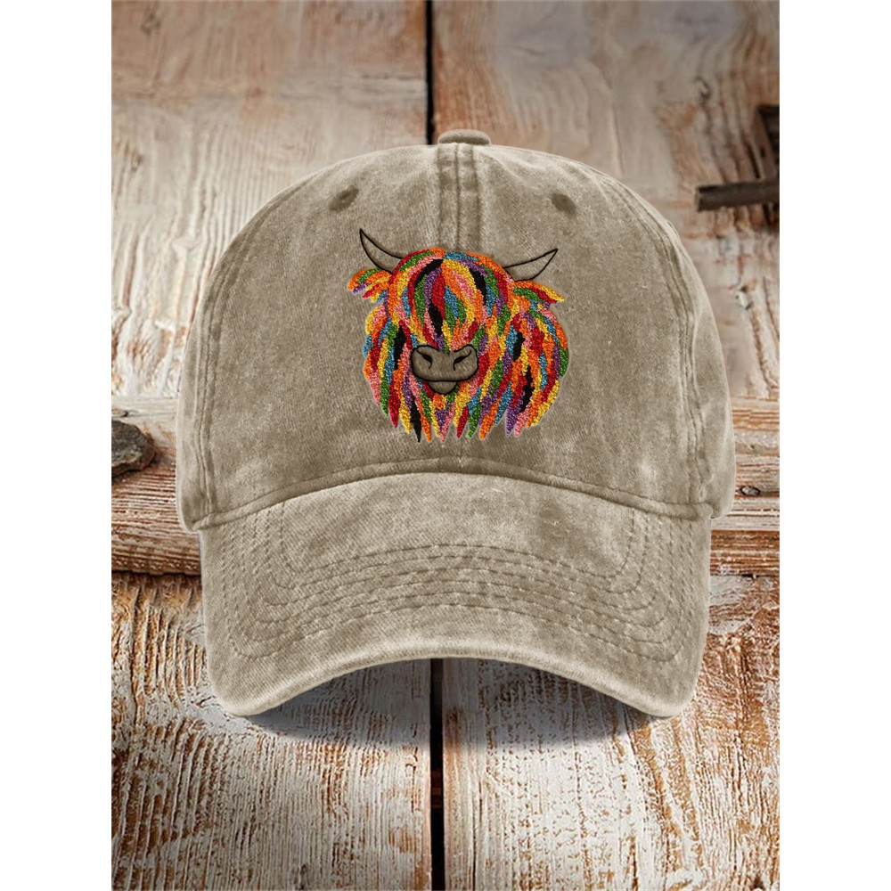 Colorful Highland Cow Embroidery Washed Cap