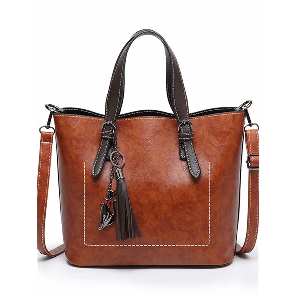 Contrast Color Cat Tassel Pendant Utility Tote Bag