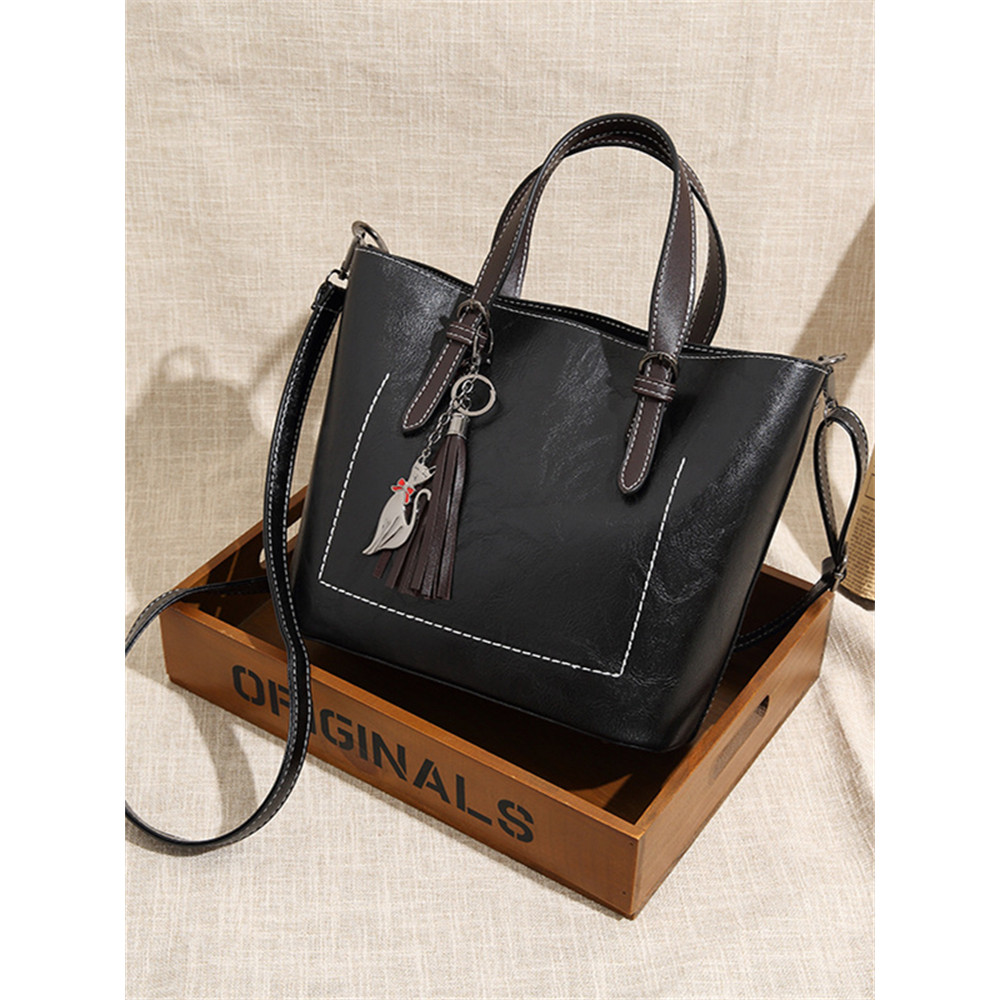 Contrast Color Cat Tassel Pendant Utility Tote Bag