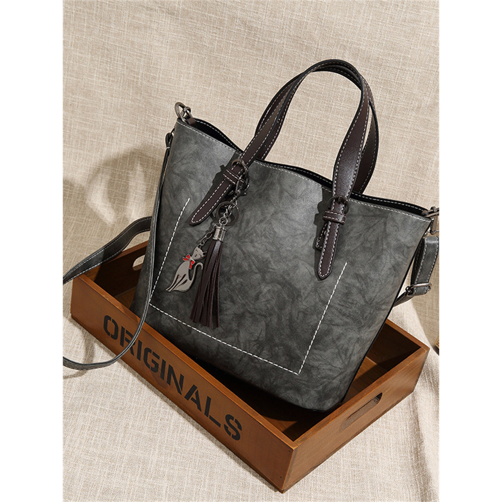 Contrast Color Cat Tassel Pendant Utility Tote Bag