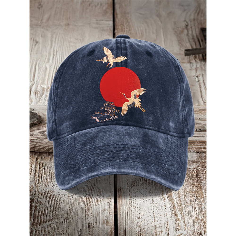 Cranes Sunrise Japanese Art Washed Cap