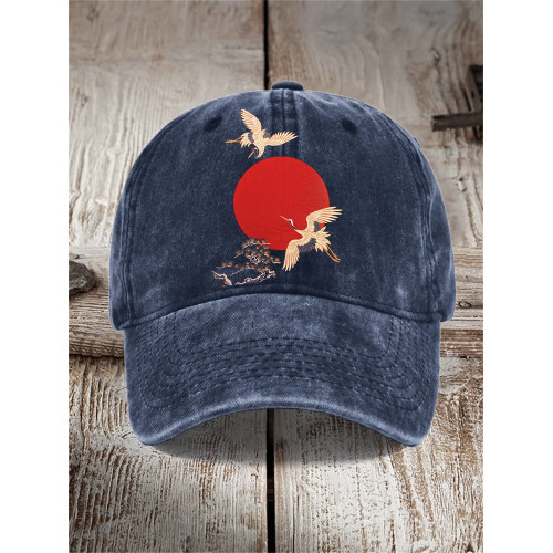 Cranes Sunrise Japanese Art Washed Cap