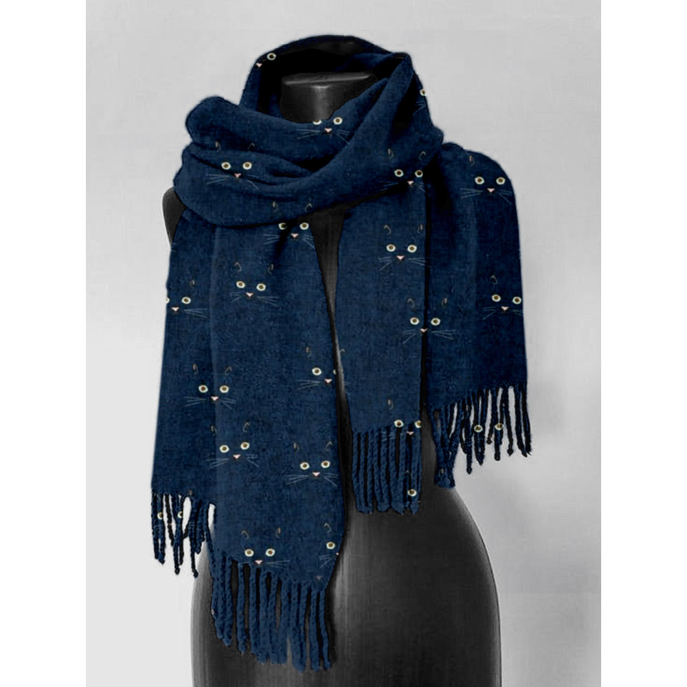Cute Cat Face Pattern Cozy Tassel Scarf