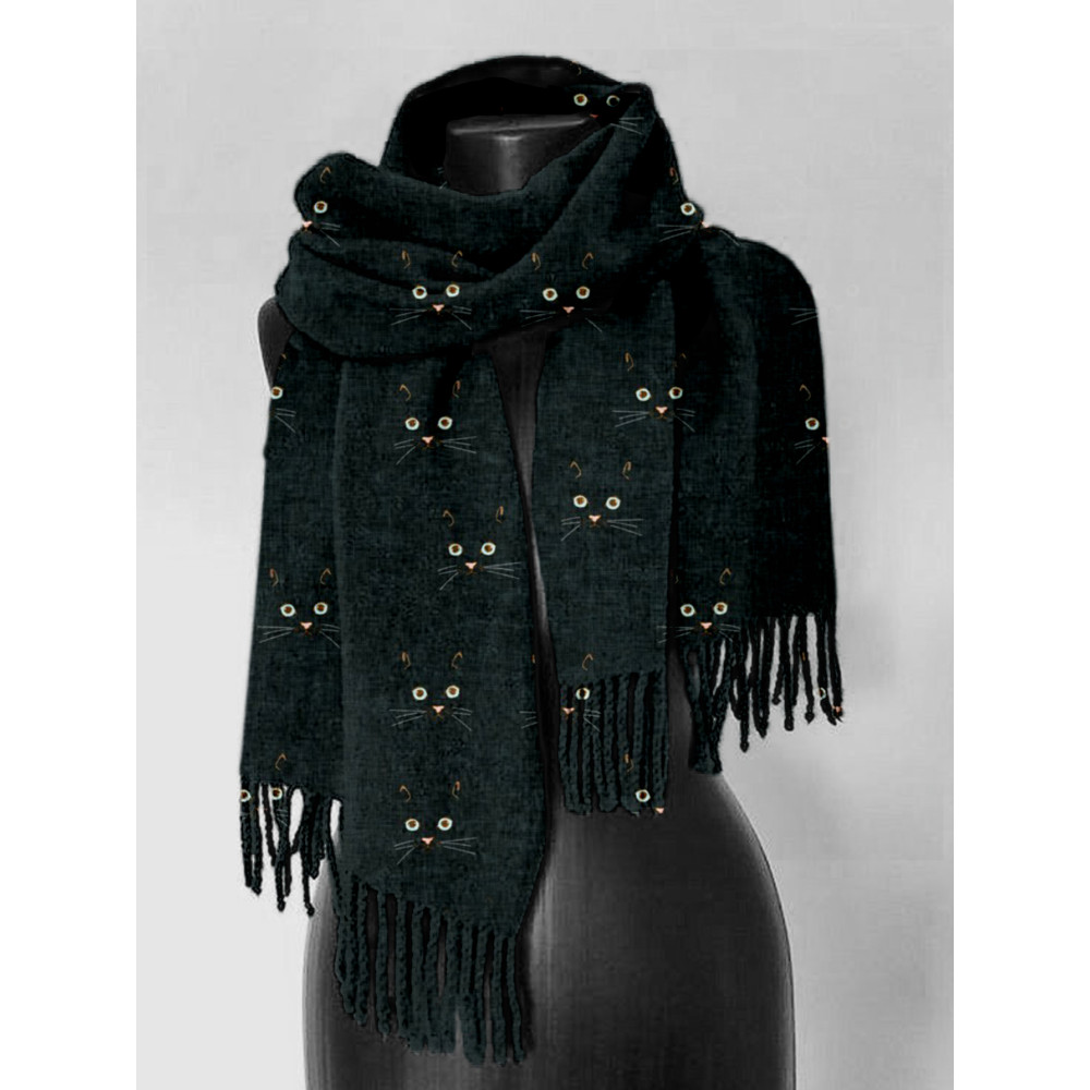 Cute Cat Face Pattern Cozy Tassel Scarf