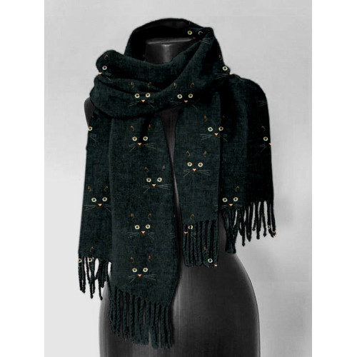 Cute Cat Face Pattern Cozy Tassel Scarf