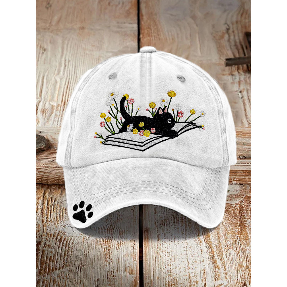 Cute Lying On The Book Cat Embroidered Art Cap