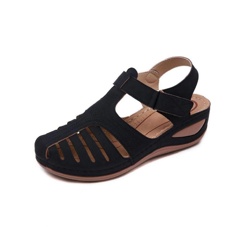 Cutout Round Toe Wedge Heel Comfortable Velcro Sandals